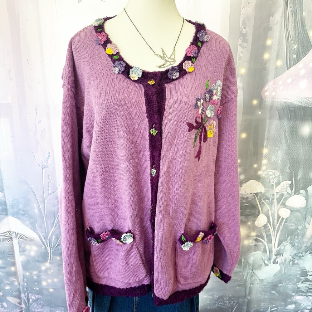 VTG 90s Storybook Knits Sweater Women’s 2X Purple Floral Cottagecore Granny
